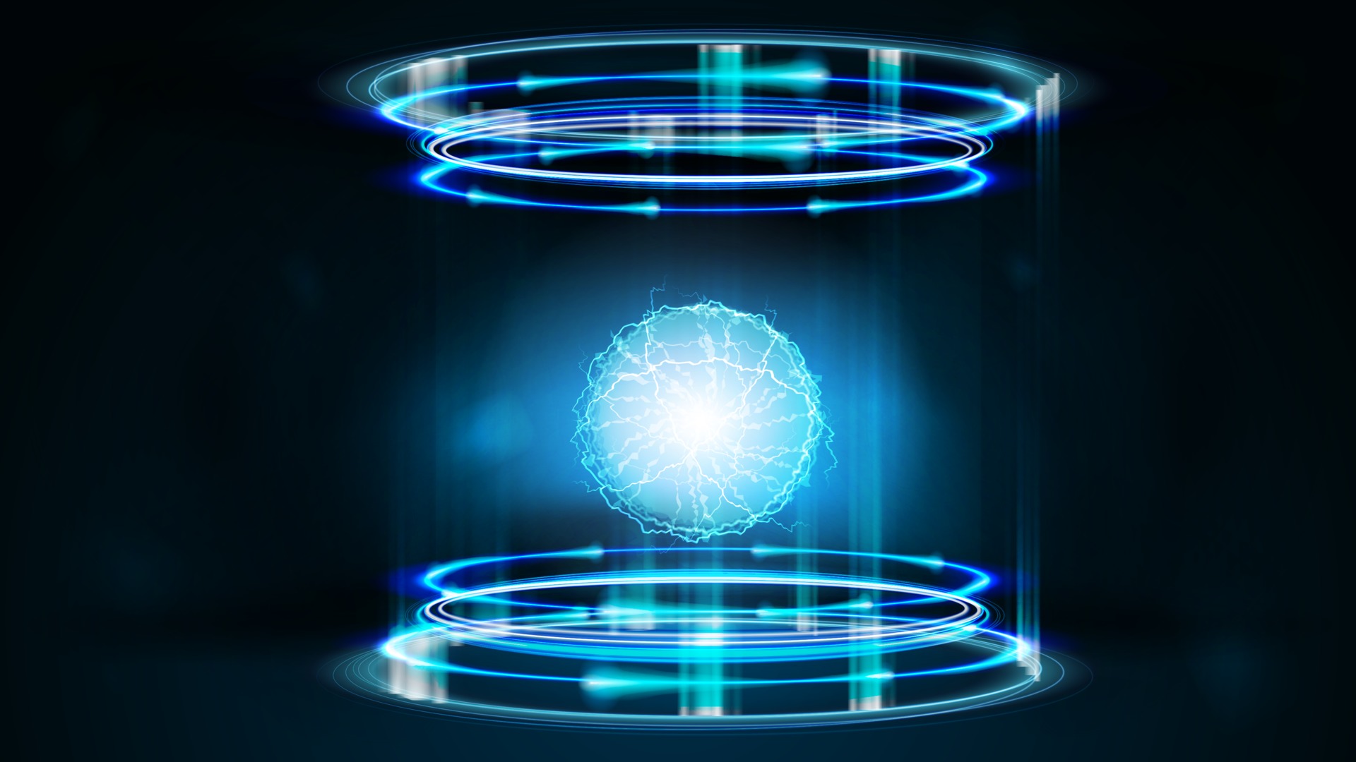Blue neon digital portal with shiny rings and energy ball inside