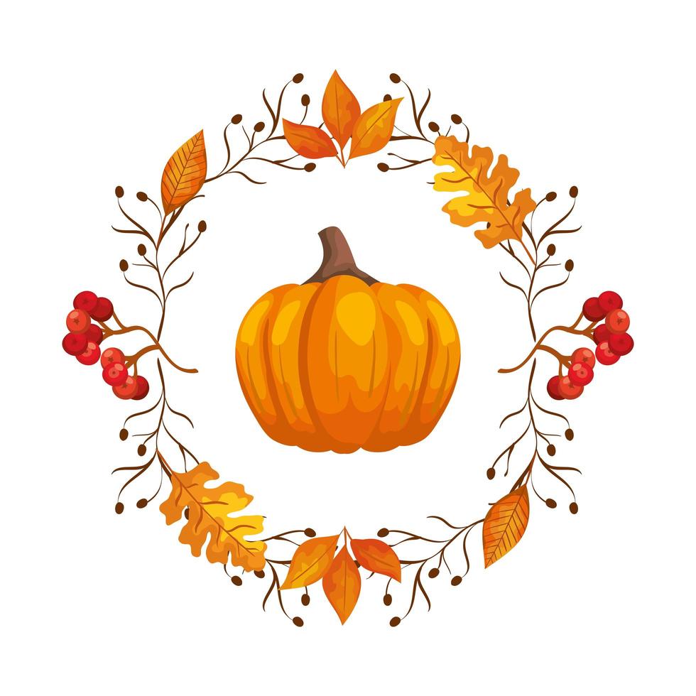 frame circular of autumn leafs with pumpkin vector