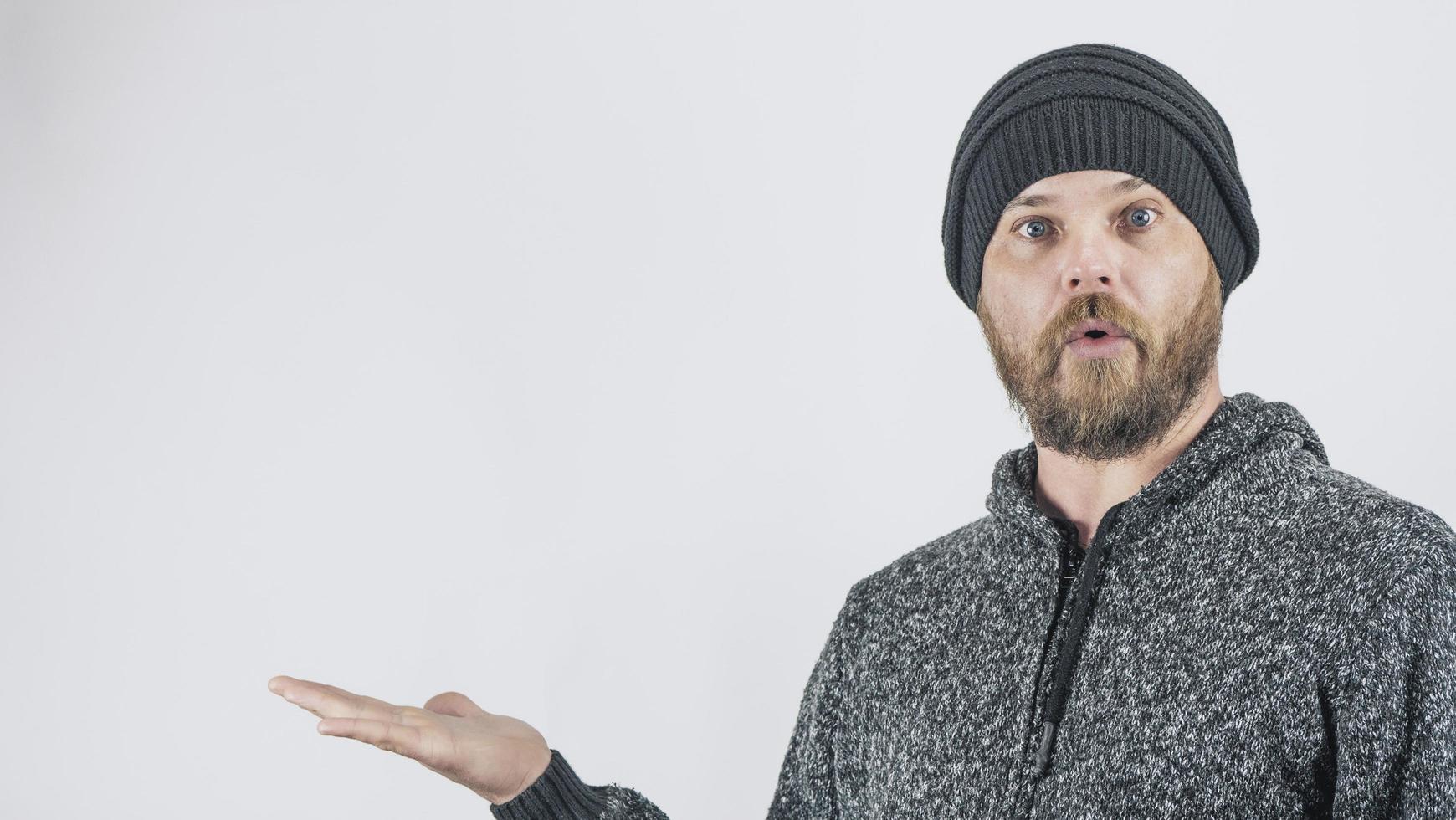 Bearded Guy Holds His Palm On A Blank White Background photo