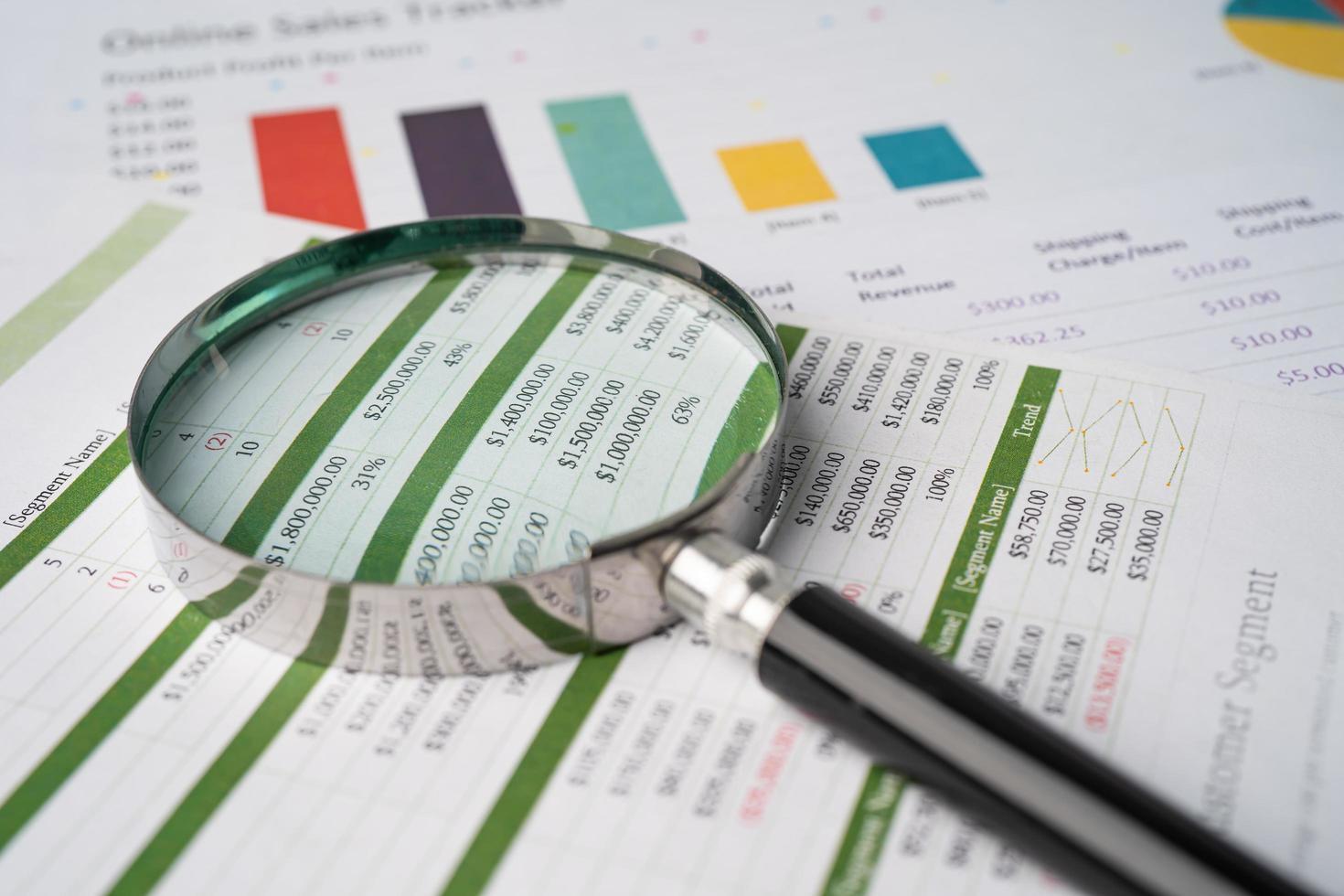 Magnifying glass on charts graphs paper. photo