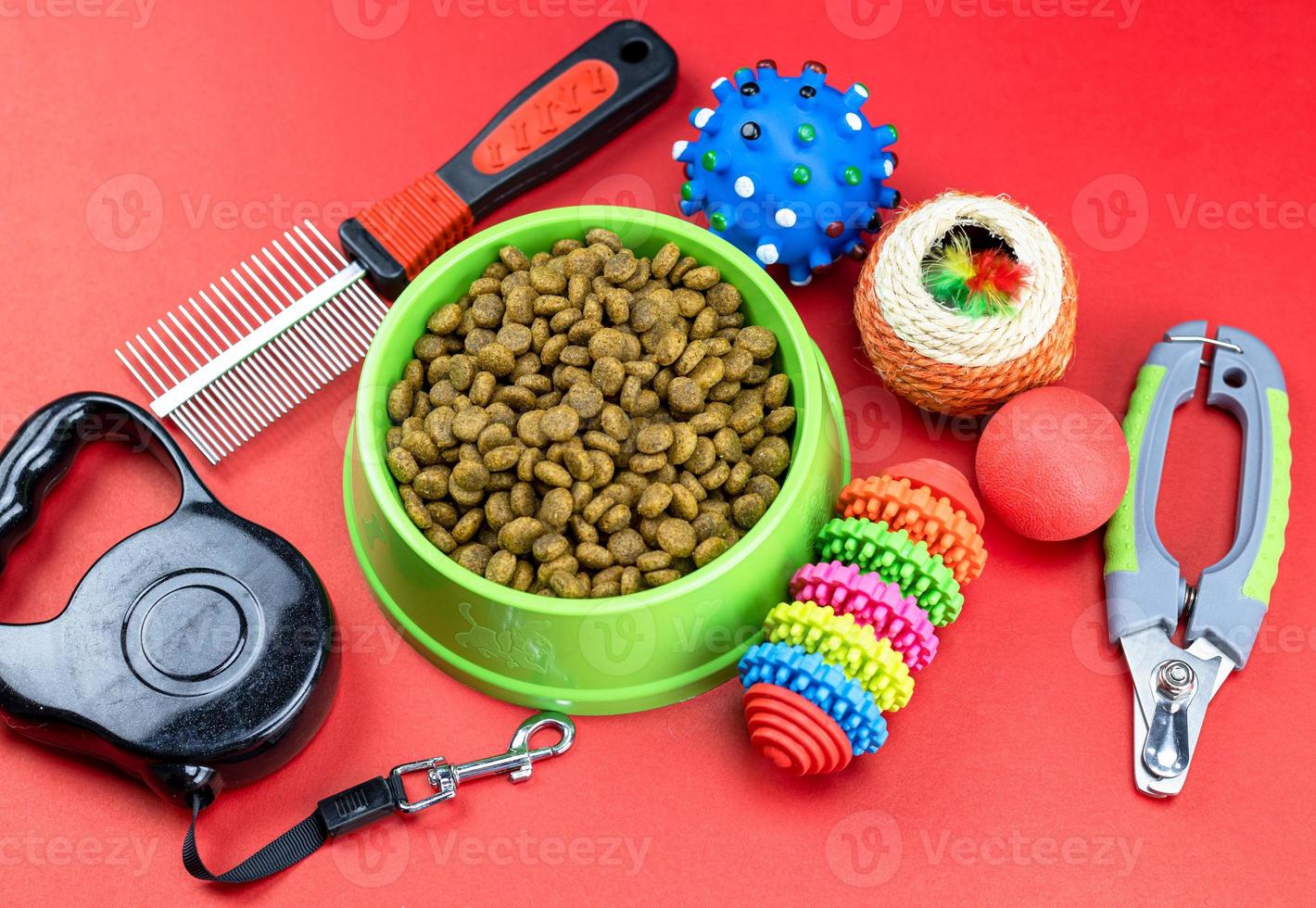 Alimentos para mascotas en cuencos, juguetes, para mascotas sobre fondo rojo. foto