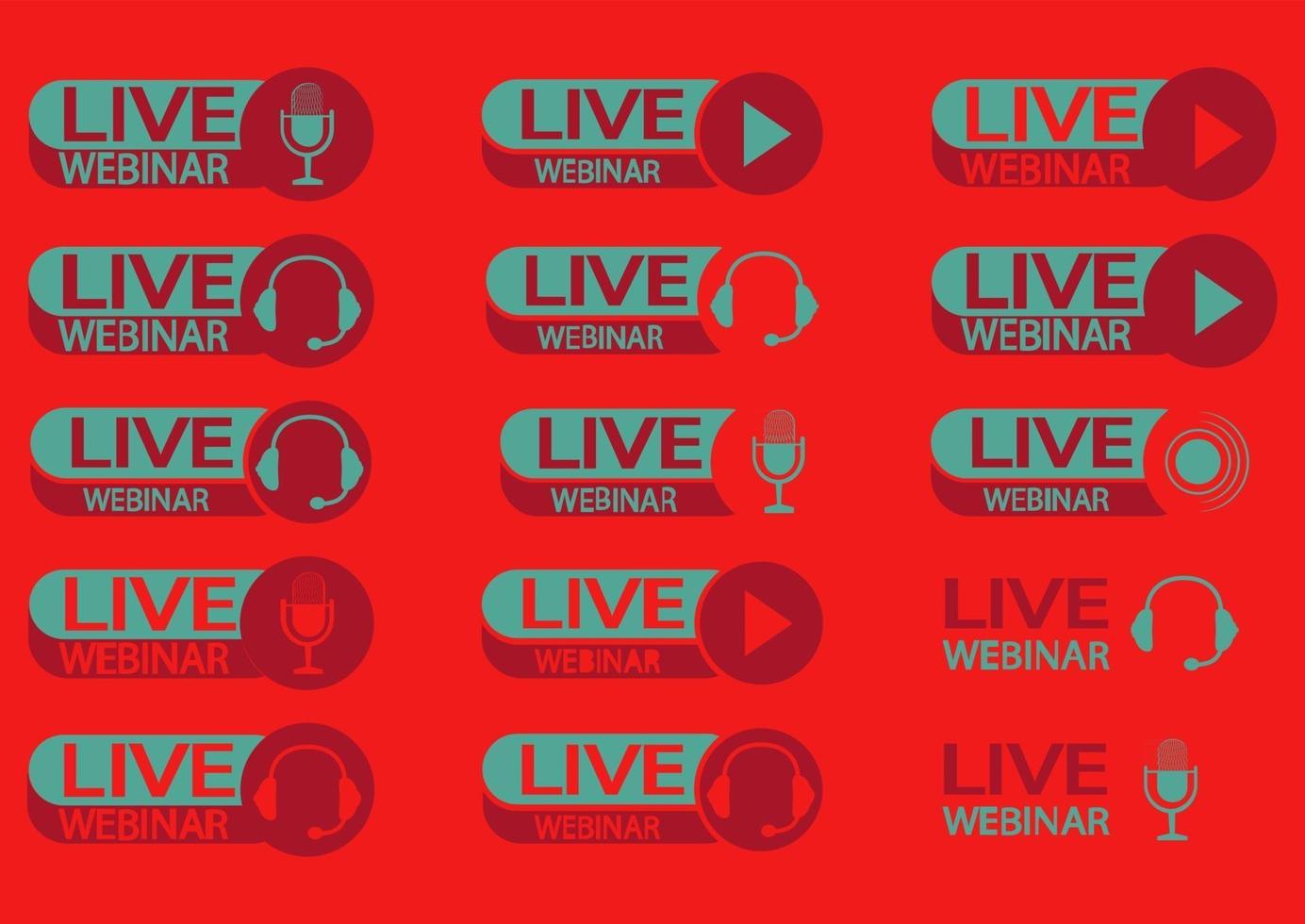 Live webinar button. Set of color symbols and buttons of live streaming, broadcasting, online stream. Webinar icons with headphones and microphone, isolated on red background vector