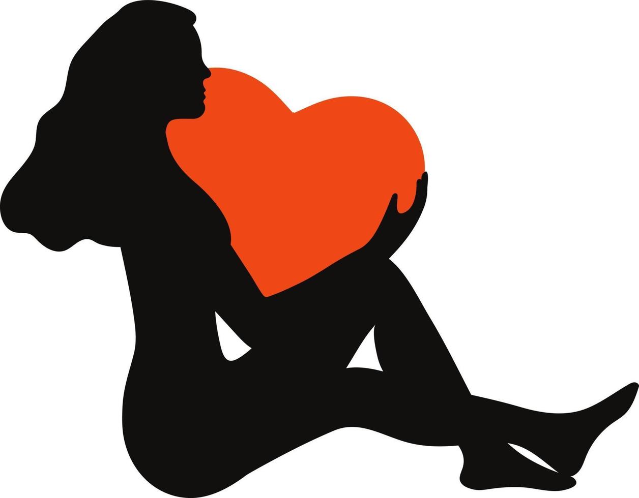 silueta negra de mujer con media cara sentada y sosteniendo el corazón vector