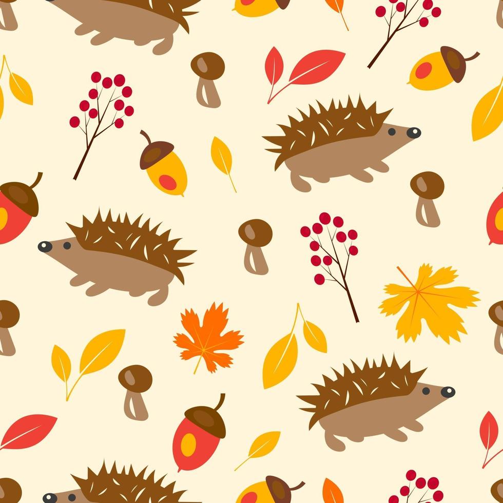 Autumn seamless pattern with hedgehog, leaves vector