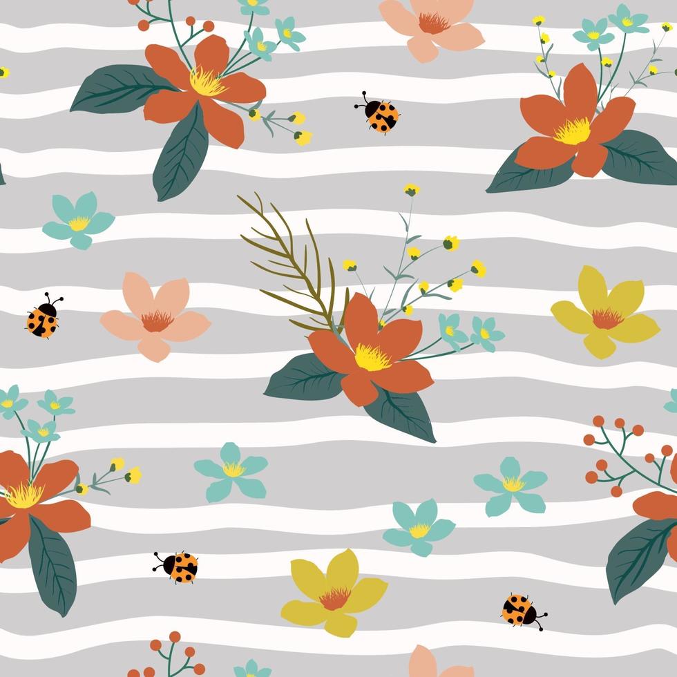 Seamless floral pattern with ladybugs vector
