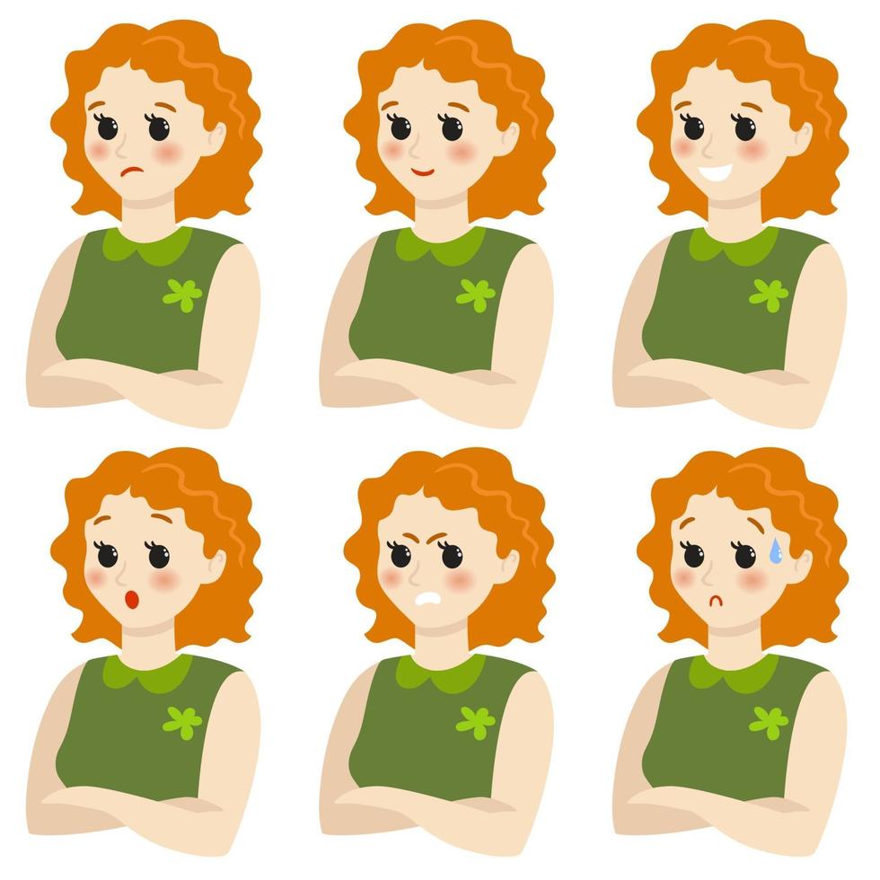 The spectrum of emotions. Redhead curly girl vector