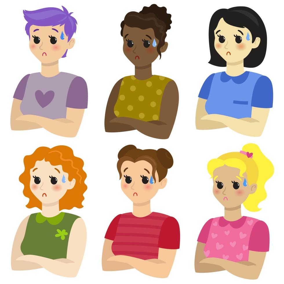 diferentes chicas, emoción, vergüenza, incomodidad vector