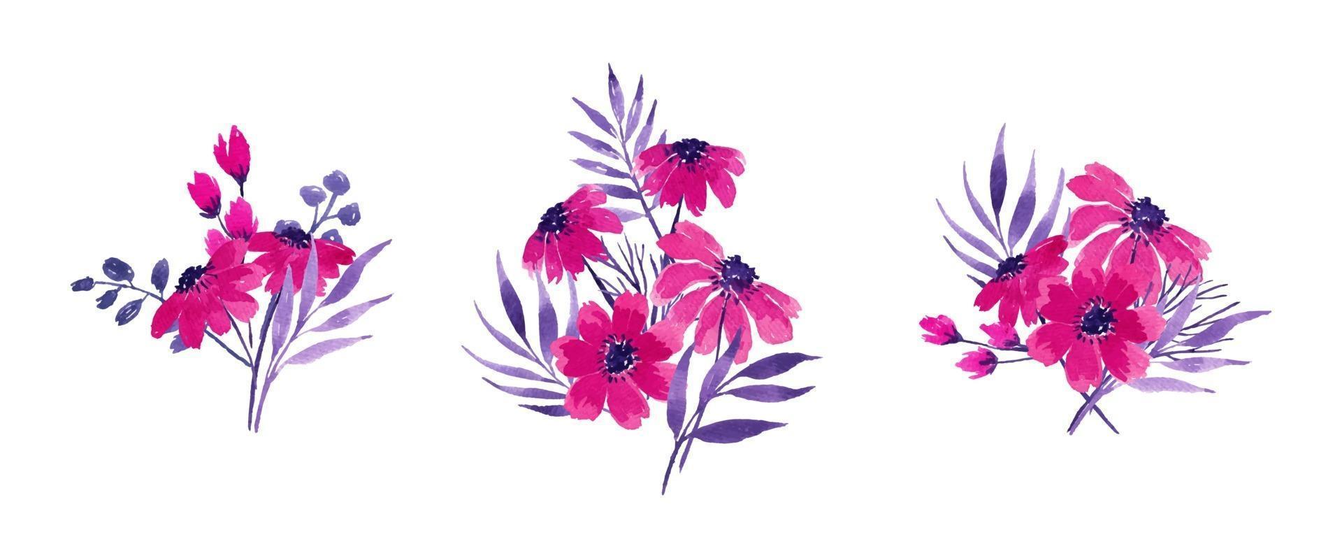 fuschia watercolor flower arrangement separated vector set
