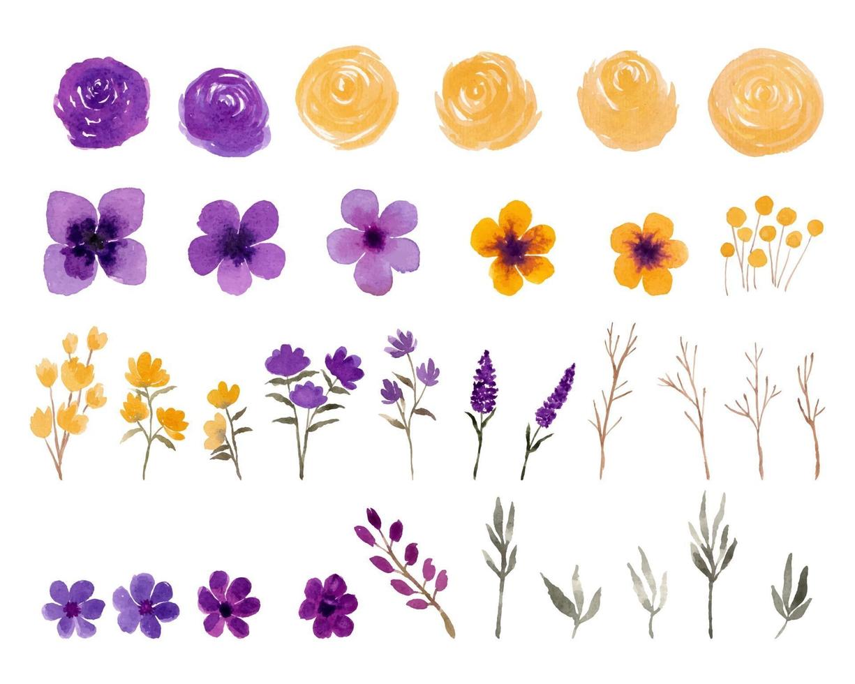 elemento aislado de flor de acuarela púrpura y amarilla vector