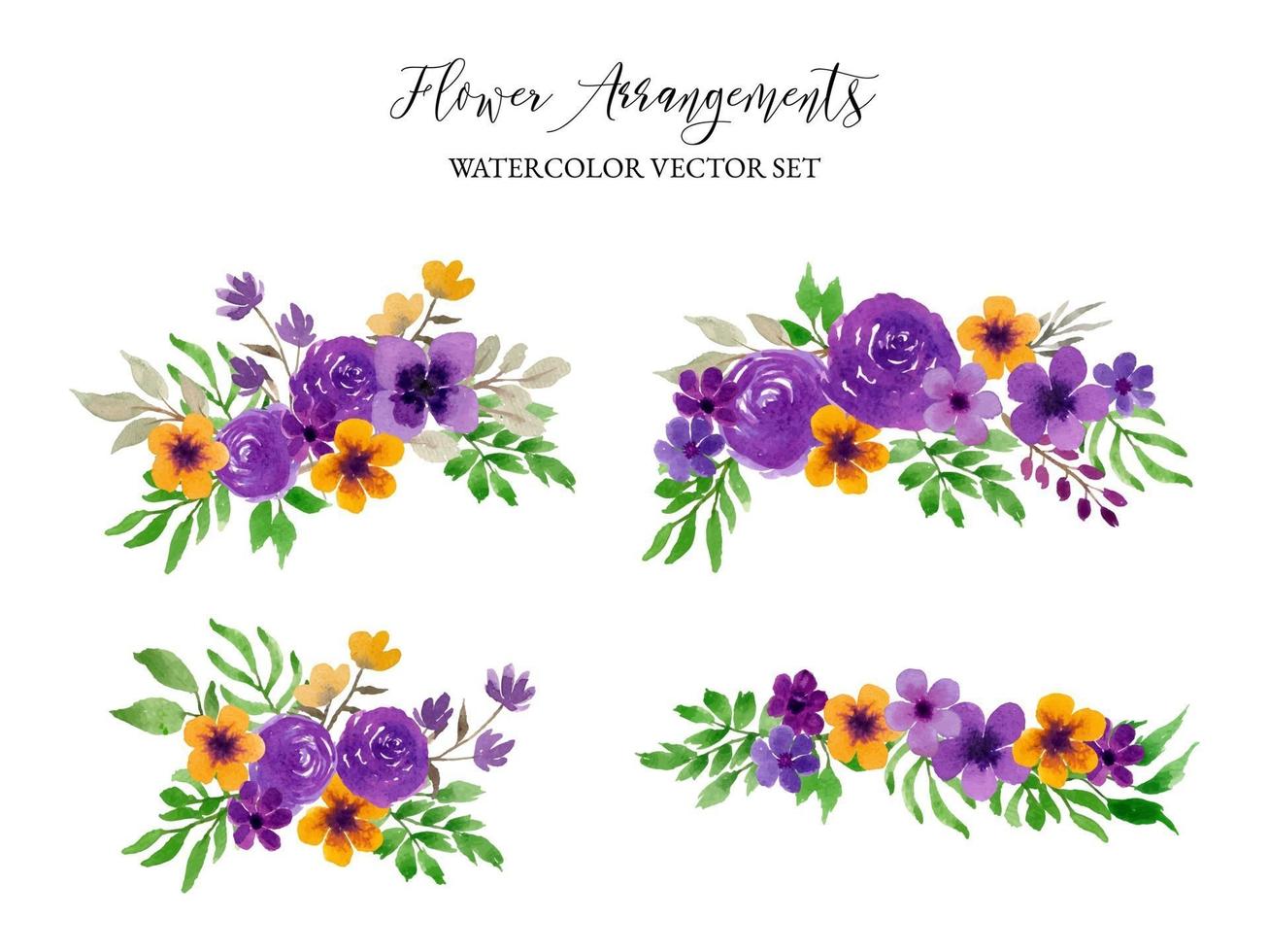 purple and yellow watercolor flower arrangement separated vector set