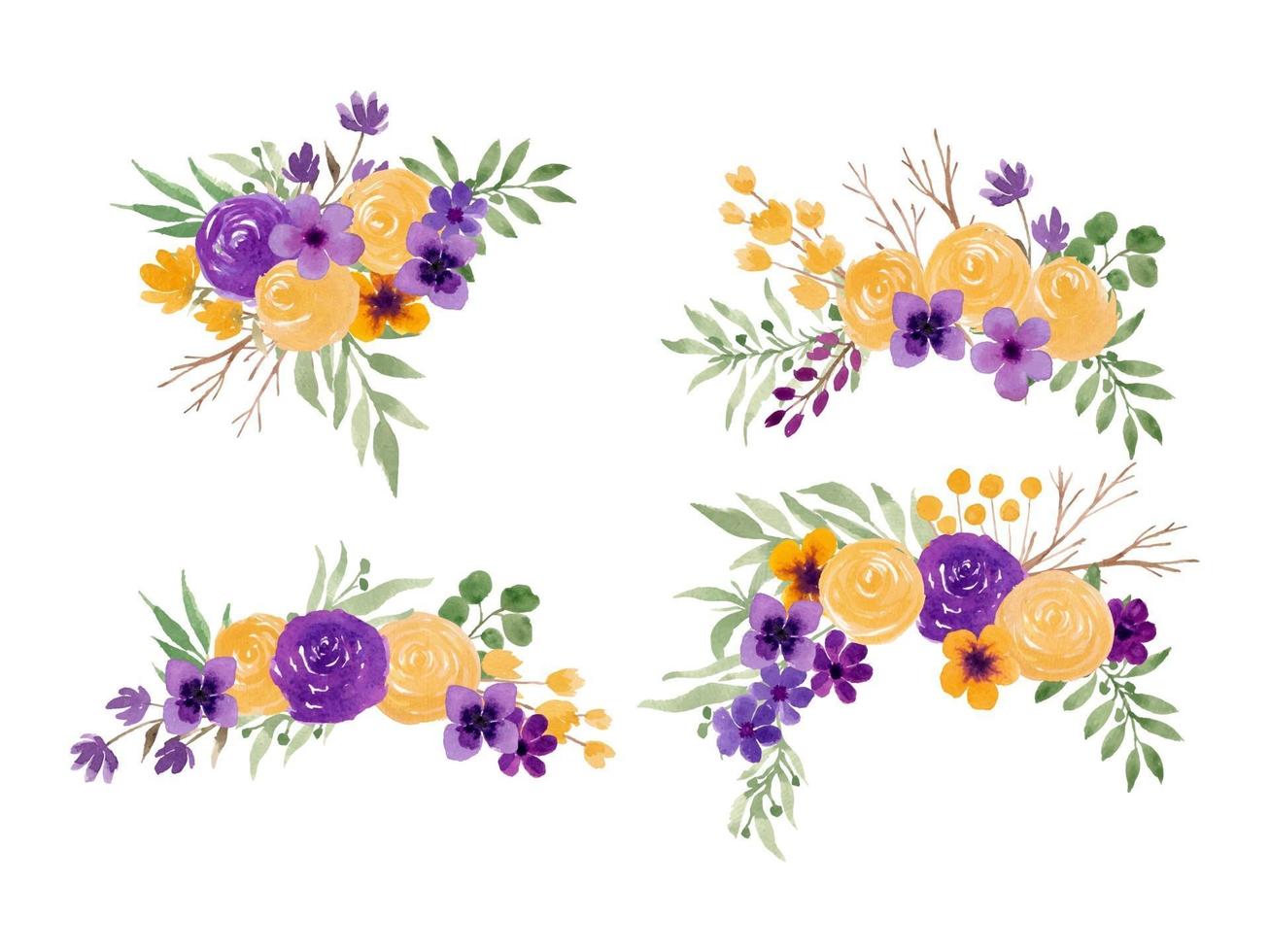 purple and yellow watercolor flower arrangement separated vector set