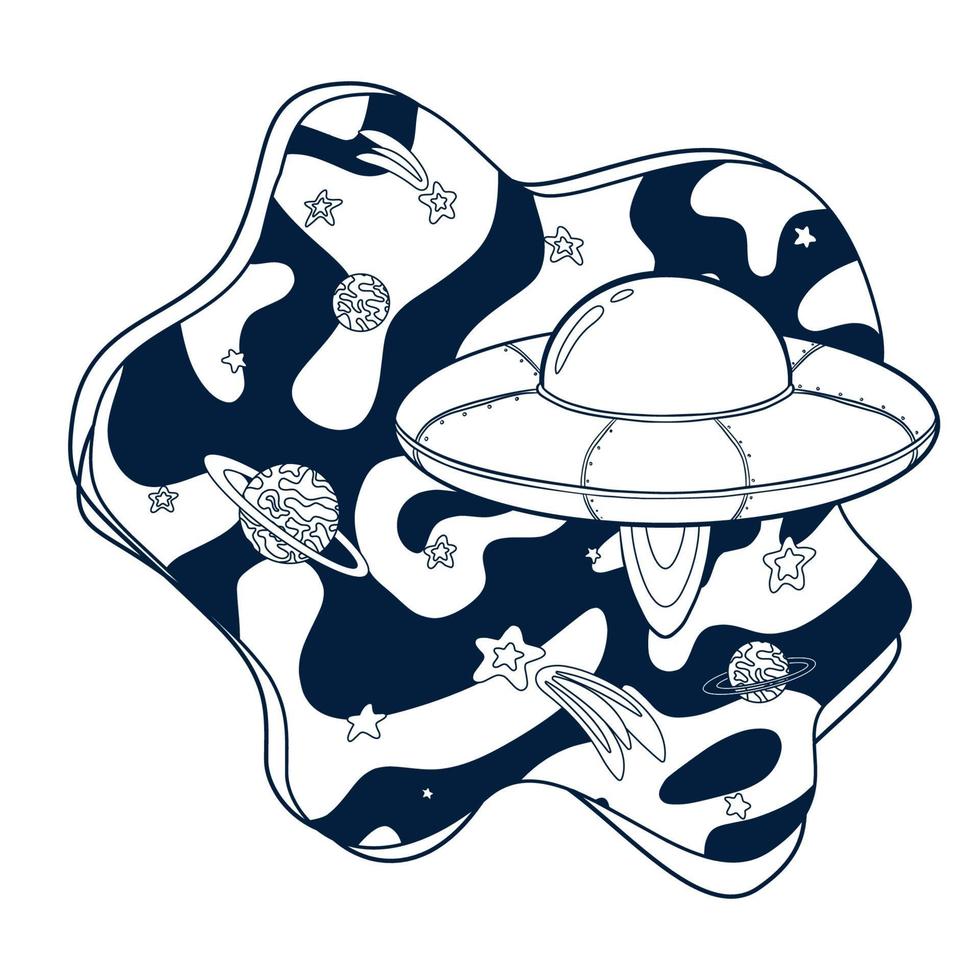 Cartoon UFO in Space Coloring Page vector