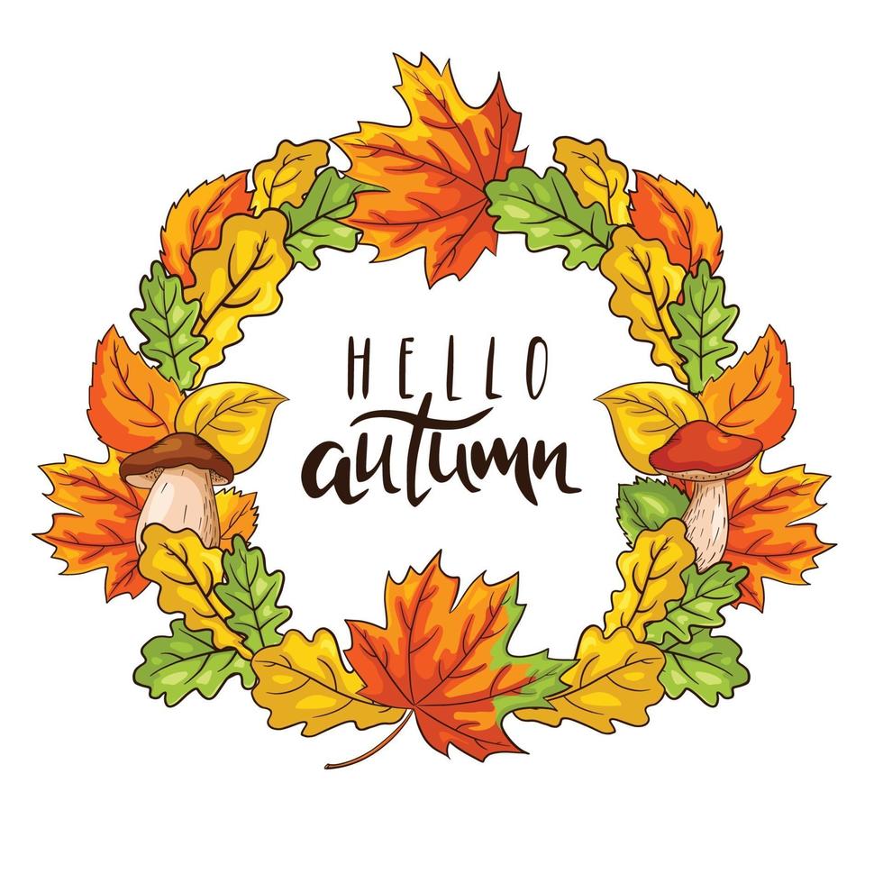 Autumn wreath with foliage and mushrooms vector