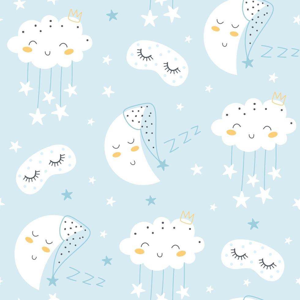 Seamless pattern with cute moon, stars, sleep mask and clouds. Vector