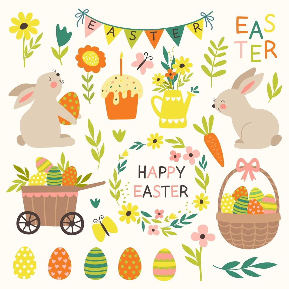 Set of Happy Easter,  with cute bunnies and flowers. Vector