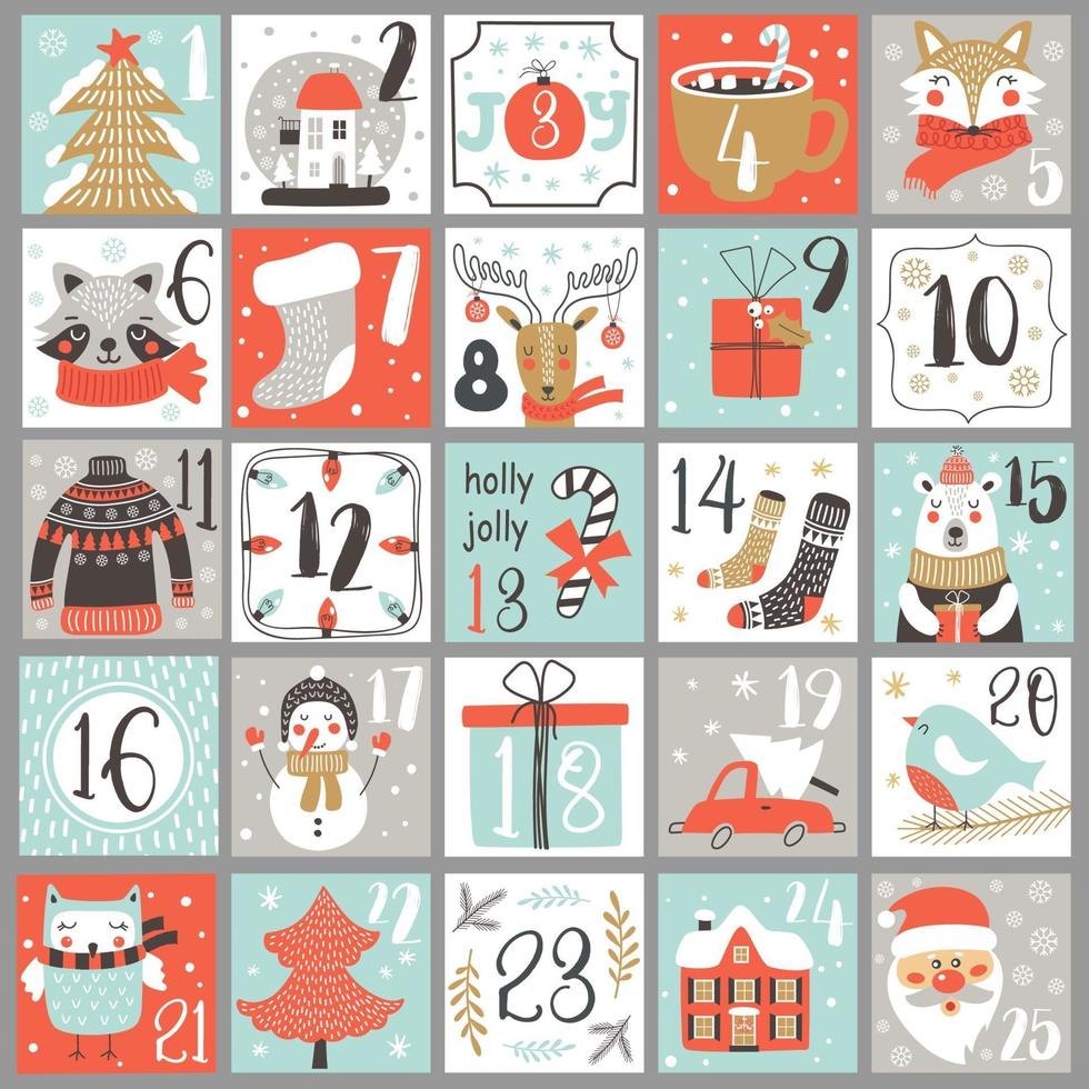 Christmas Advent calendar with hand drawn elements. Vector