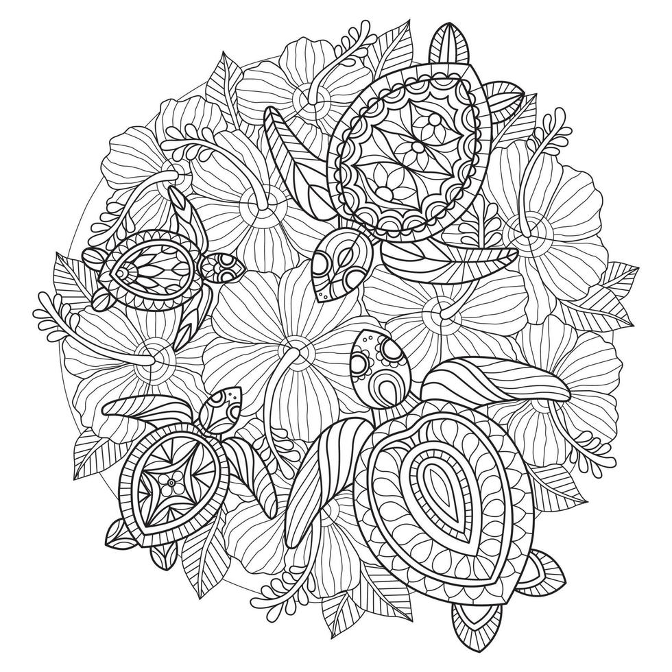 Hawaiian turtles hand drawn for adult coloring book vector