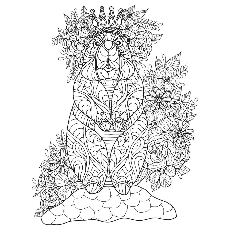 Bear and flowers hand drawn for adult coloring book vector