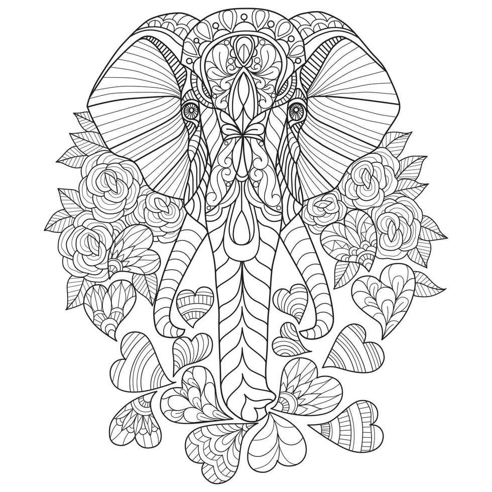 Elephant and heart hand drawn for adult coloring book vector