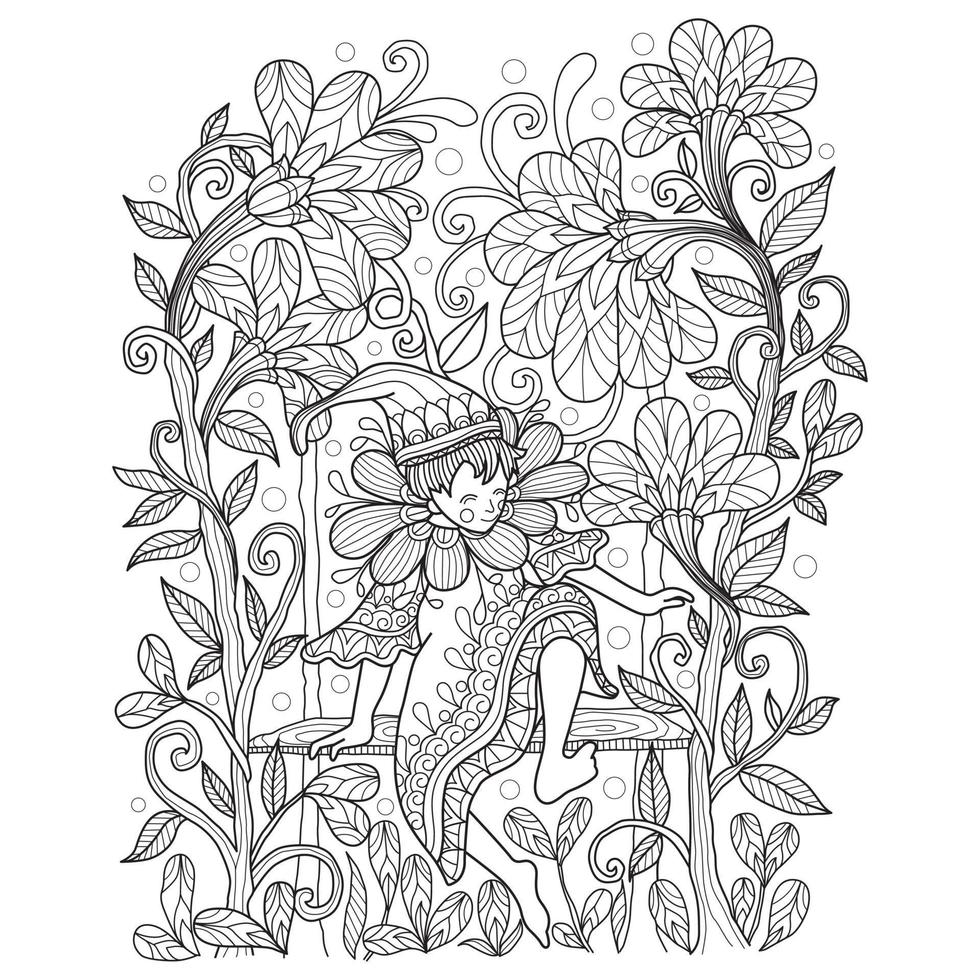 Elf in the garden hand drawn for adult coloring book vector