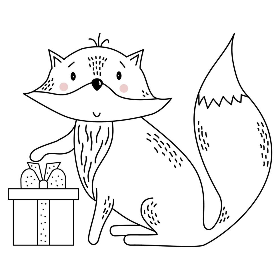 Fox With a gift. Cute wild animal. Vector illustration, line, outline