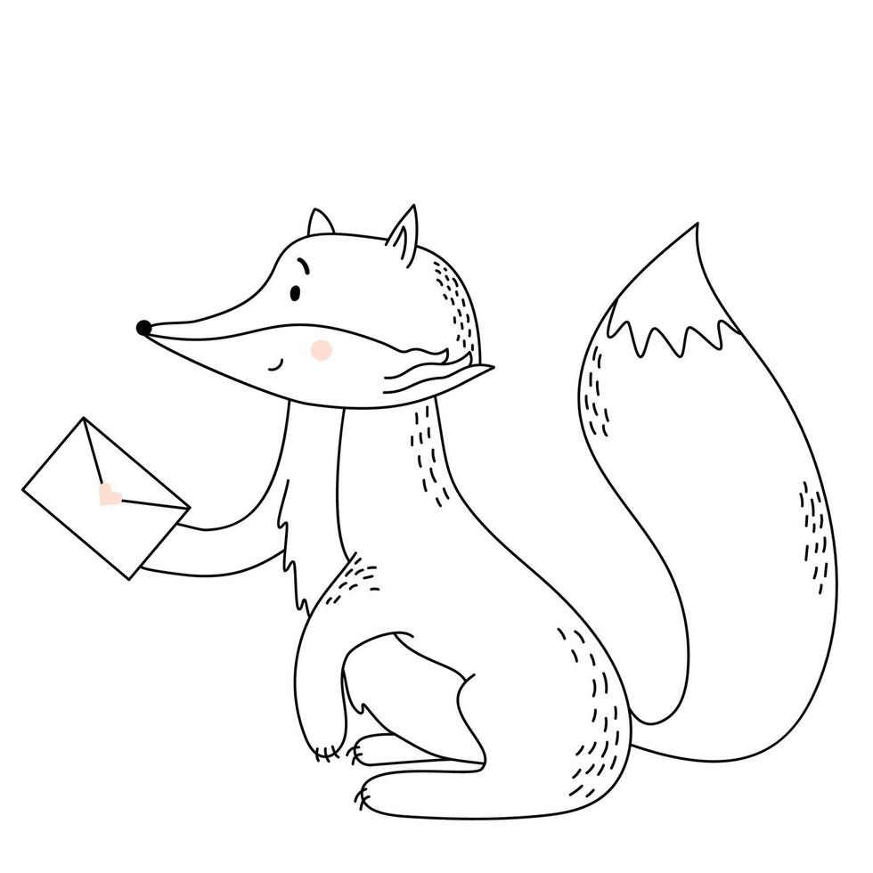 fox with a letter of love. Cute wild animal. line, outline vector