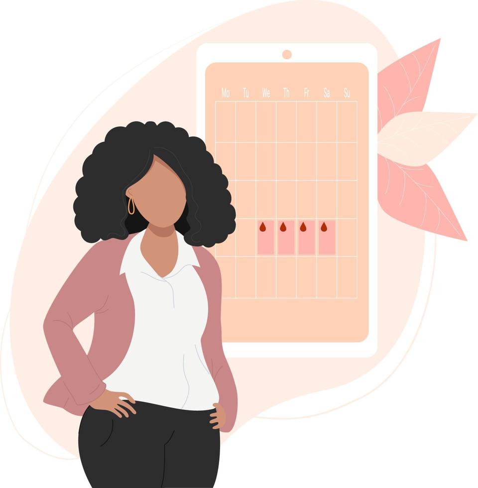 Ethnic woman near calendar of female health and menstruation on phone vector