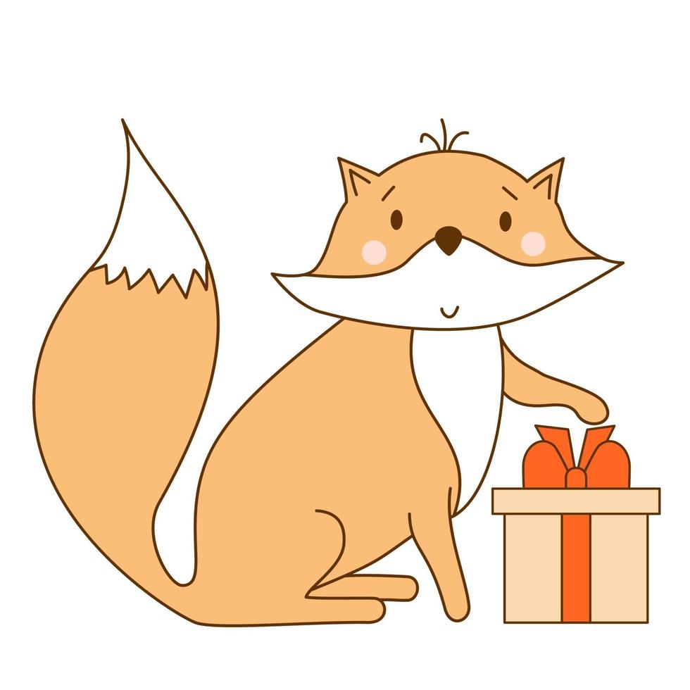 Winter Fox With gift. Cute wild animal vector