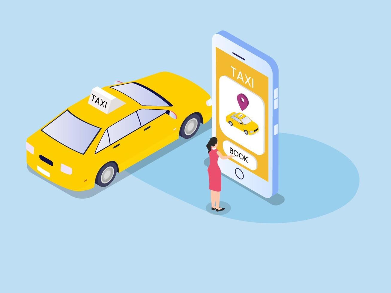 Mujer reservando taxi online en aplicaciones de telefonía móvil vector