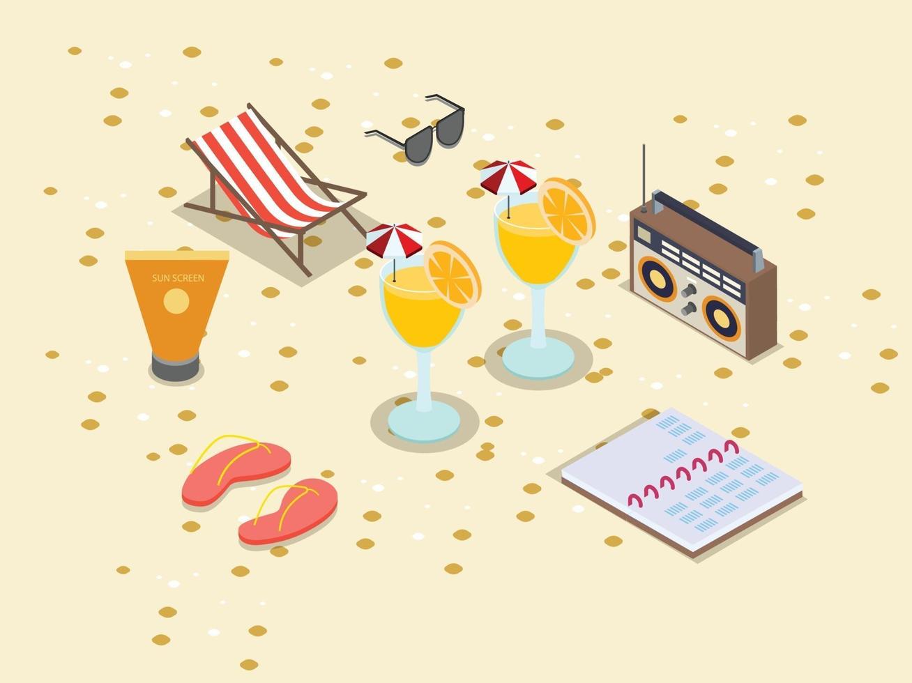 Summer drinks and holidays equipment on beach vector