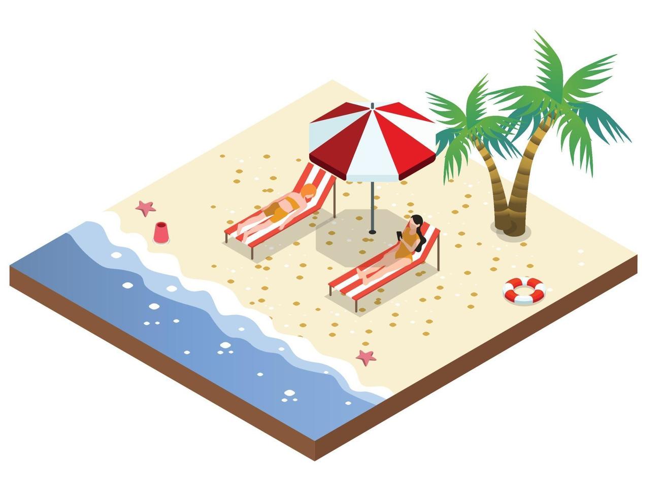 Two women in swimwear relaxing on beach chair vector