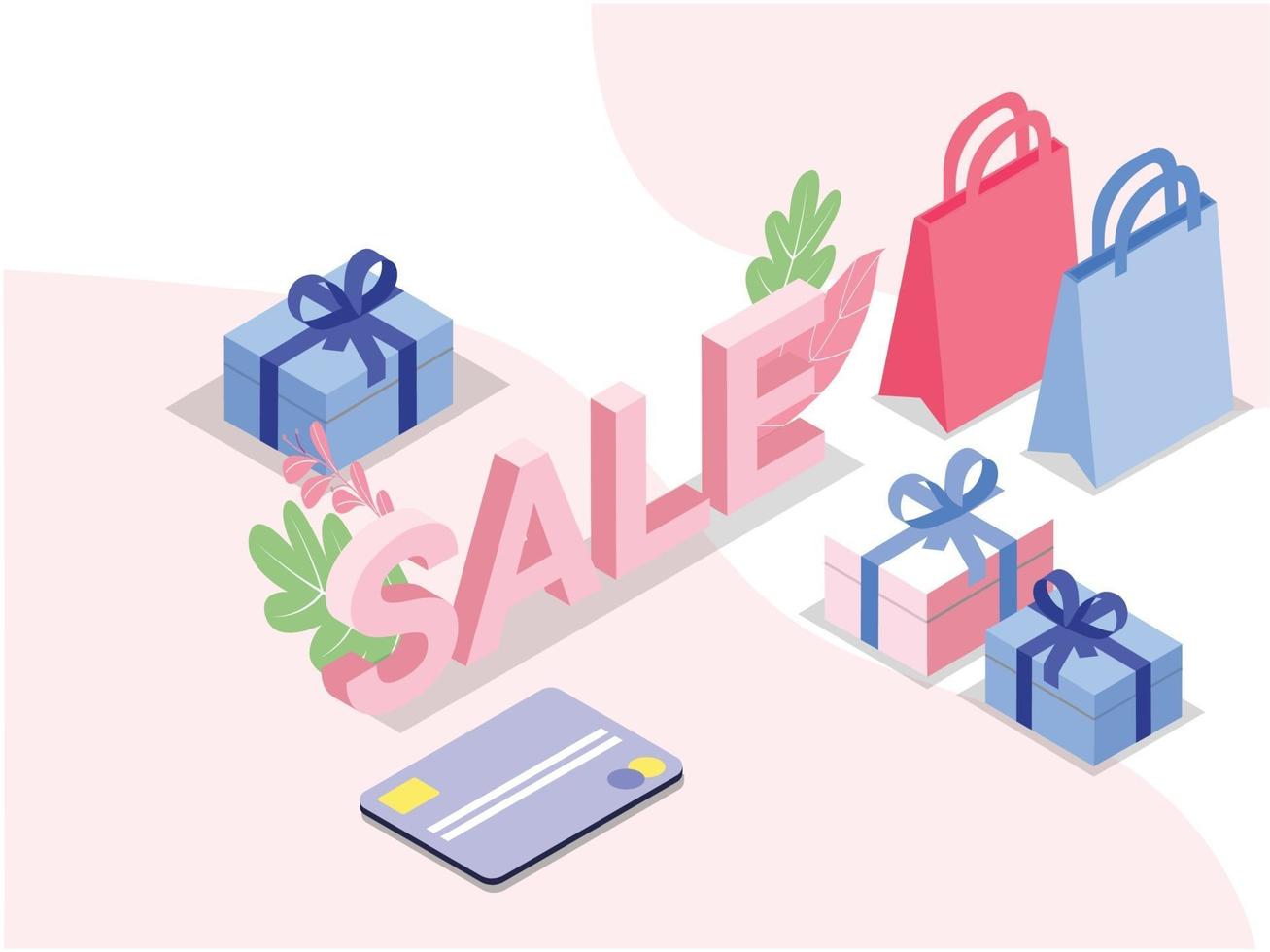 Sale word with credit card and gift boxes vector