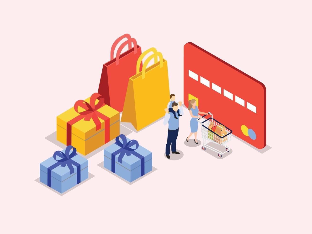 Family with shopping cart and credit card vector