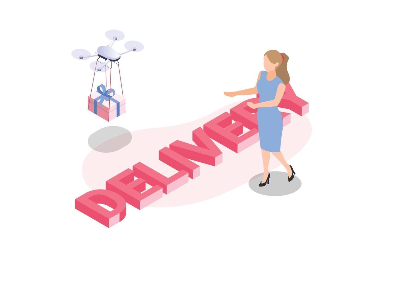 Drone delivering package to a female customer vector