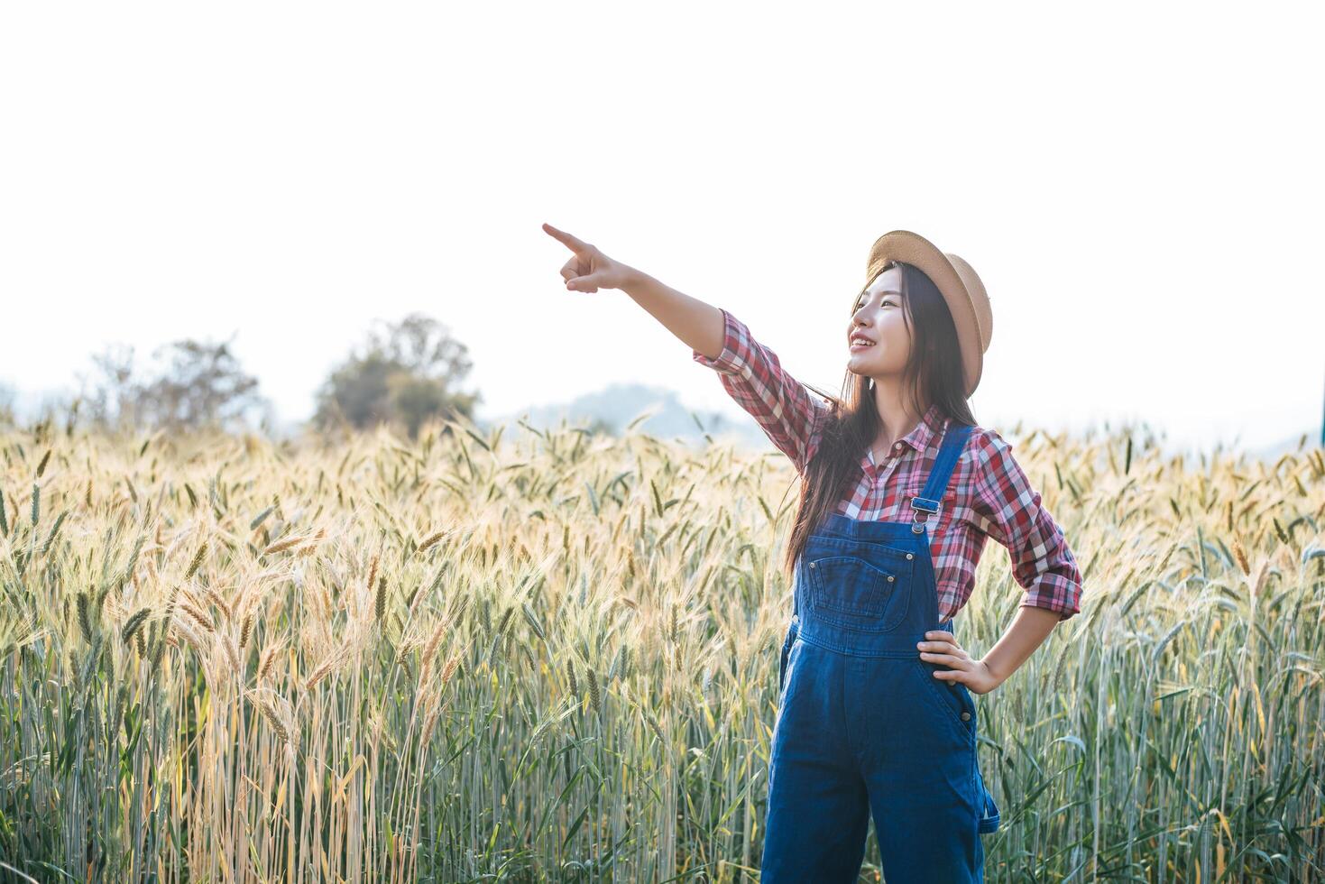 mujer agricultora con temporada de cosecha de campo de cebada foto