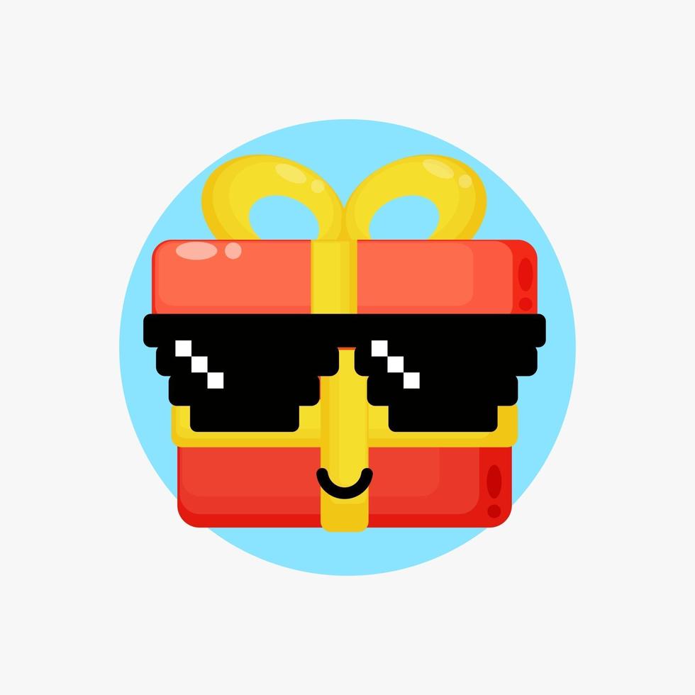 Cute gift box character wearing pixel glasses vector
