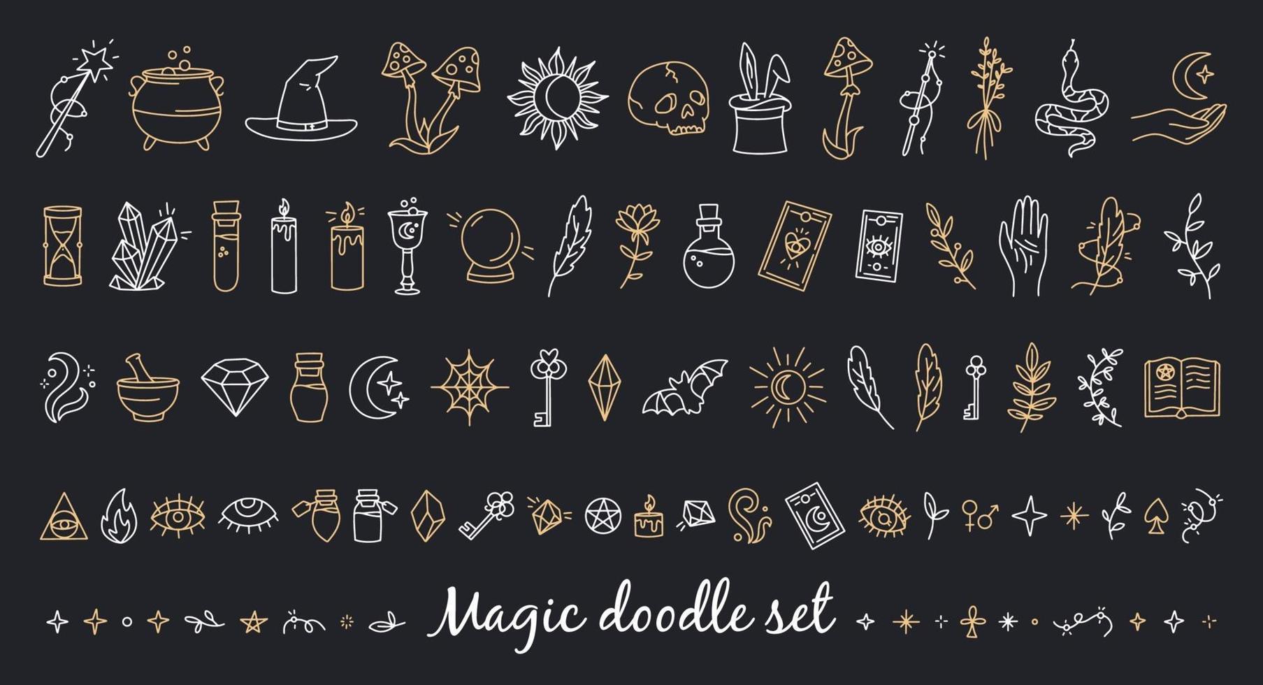 un conjunto mágico y de brujería de iconos de estilo doodle vector