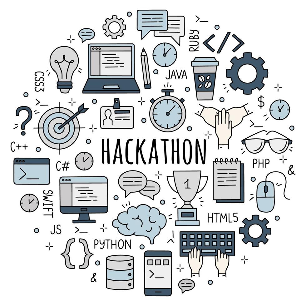 Hackathon and datathon set of doodle style icons. vector