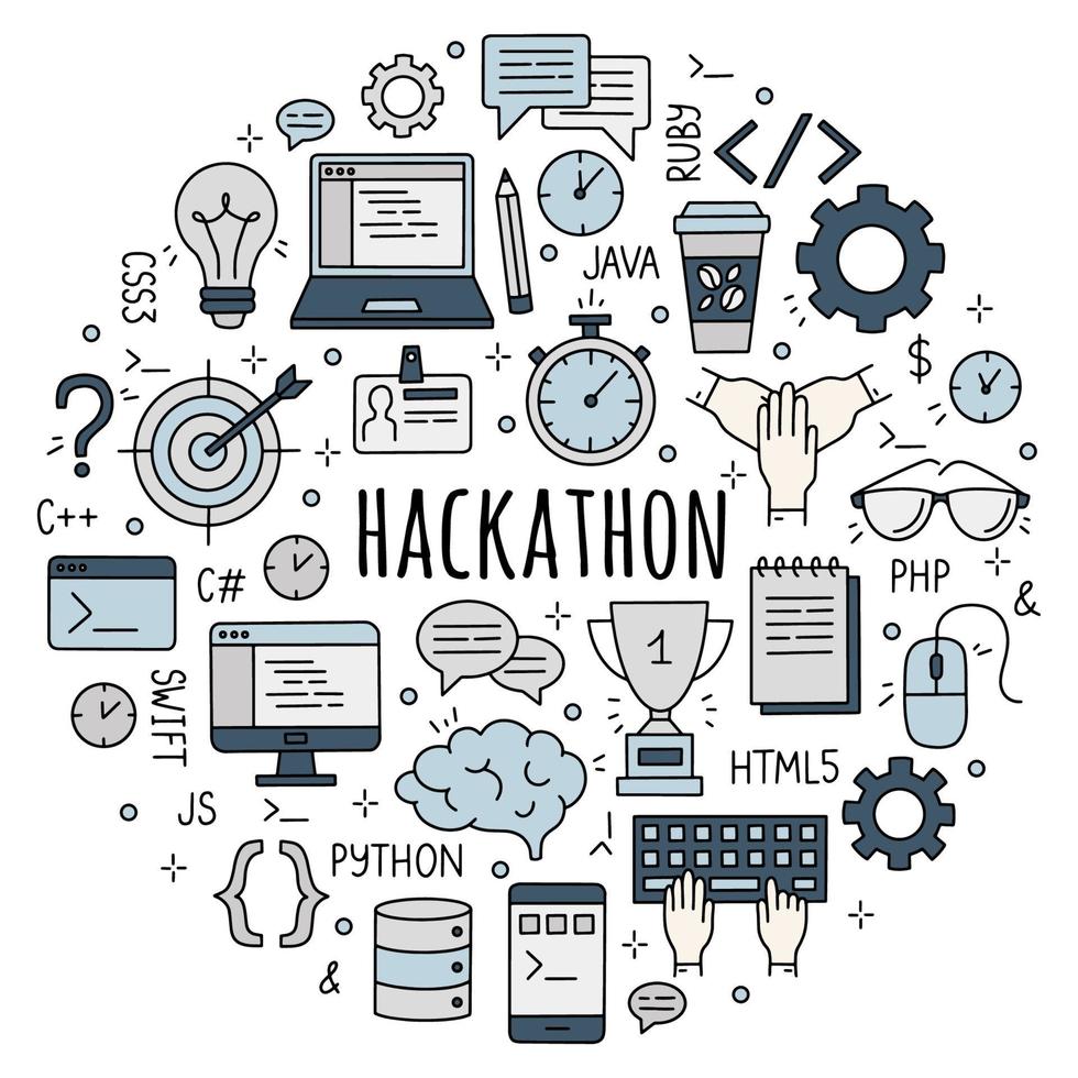 hackathon y datathon conjunto de iconos de estilo doodle. vector