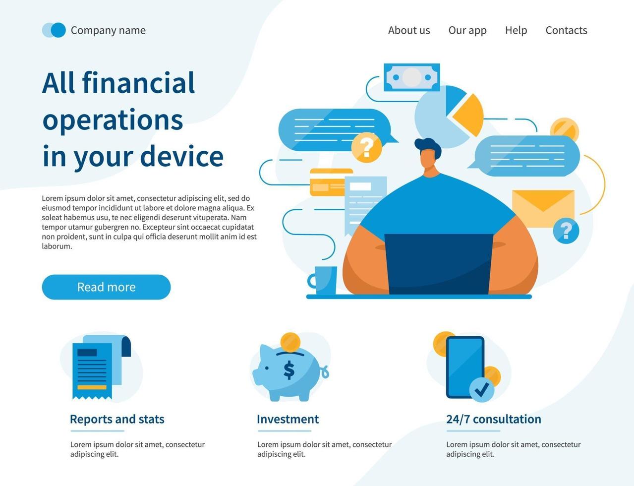 Finance landing page website with man and laptop vector