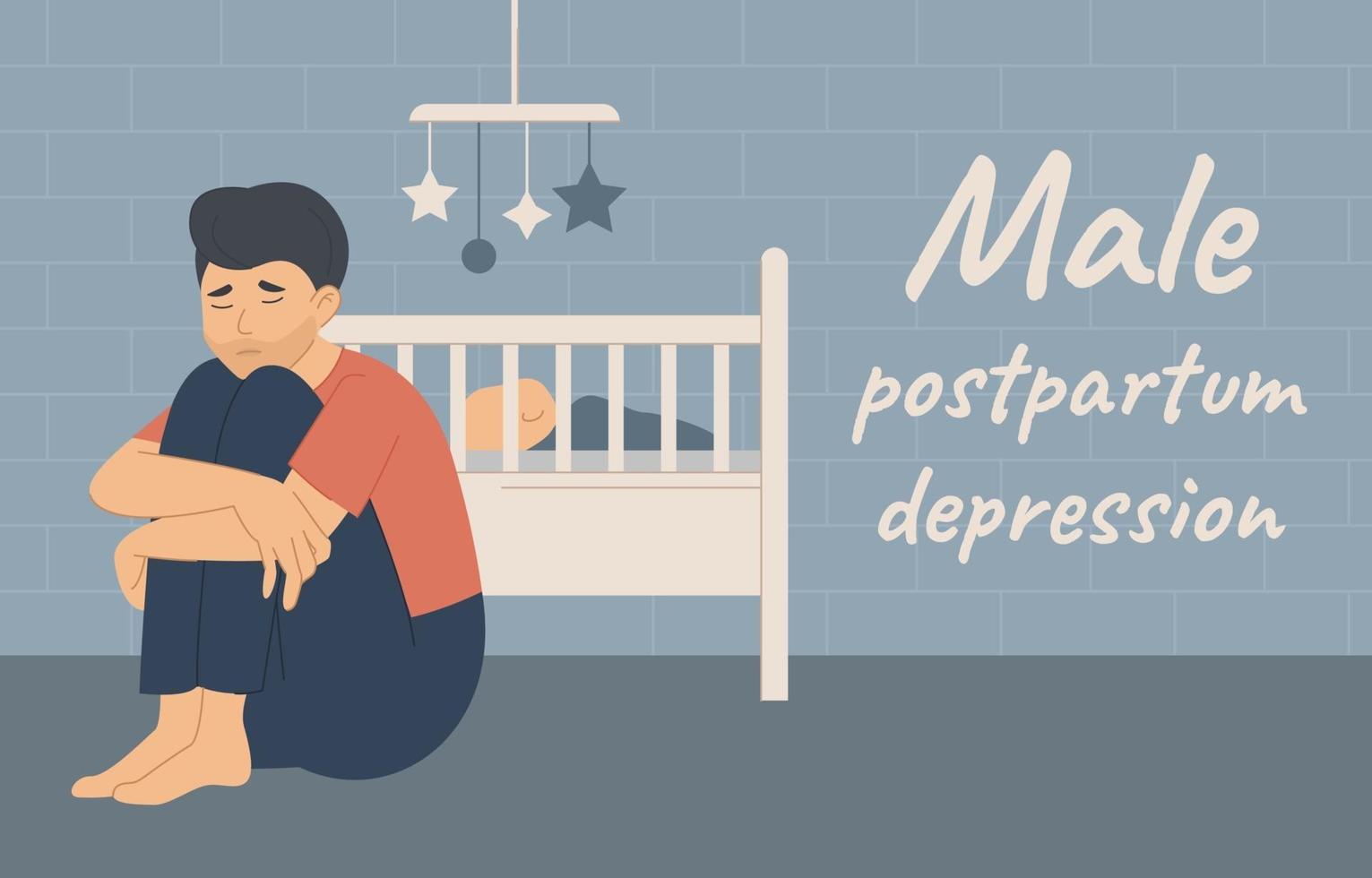 Male Postnatal depression, sad man sits near baby vector