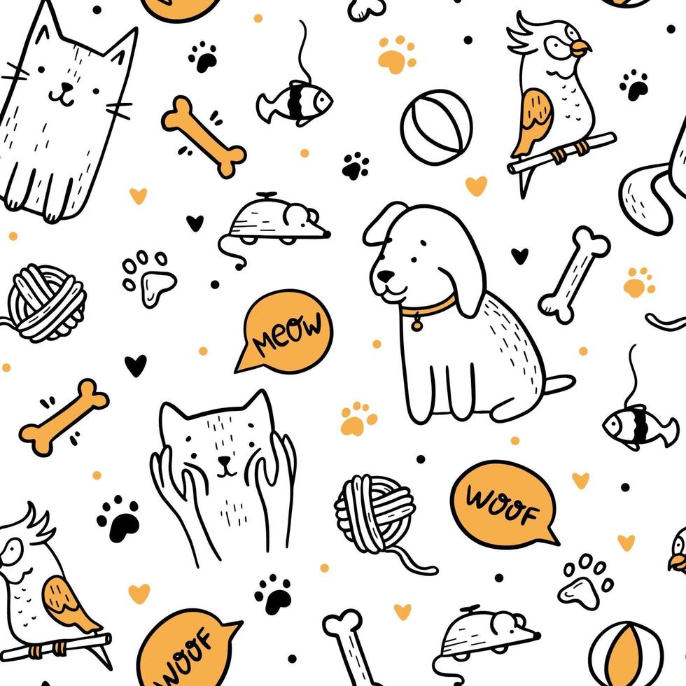 Pets cats and dogs seamless pattern in doodle style vector