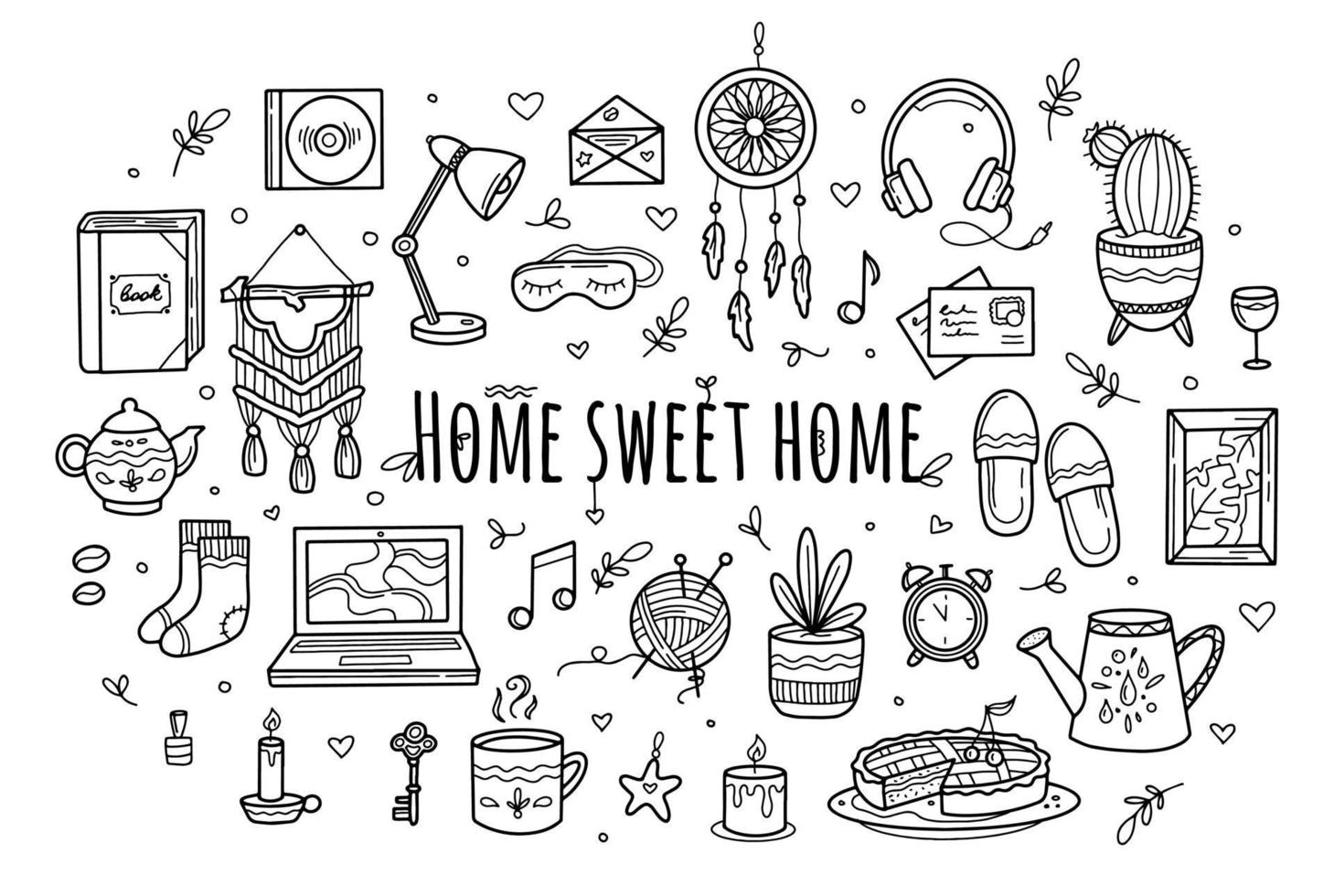 Sweet cozy home icons in hand drawing doodle style vector