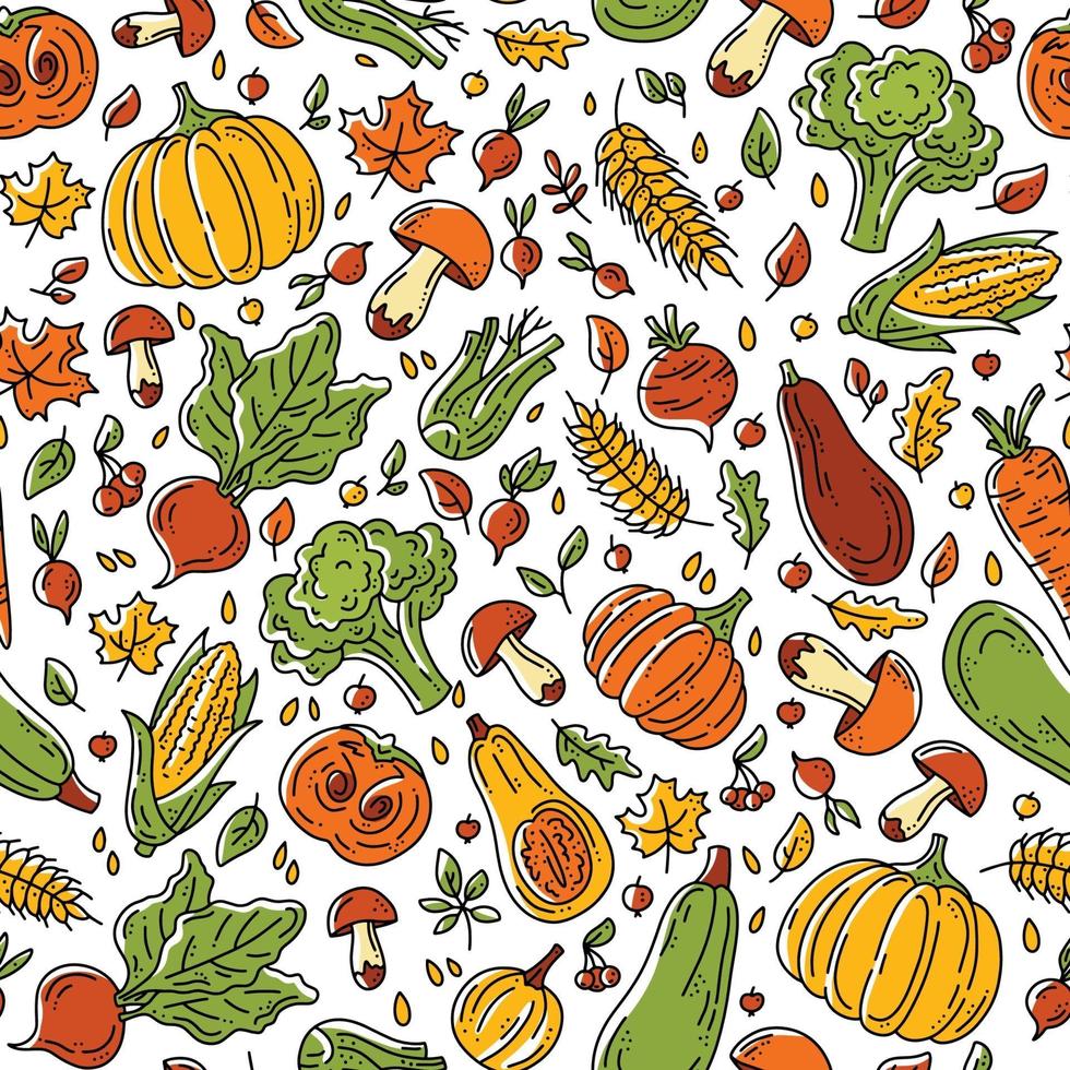 Autumn harvest seamless pattern with vegetables and mushrooms vector