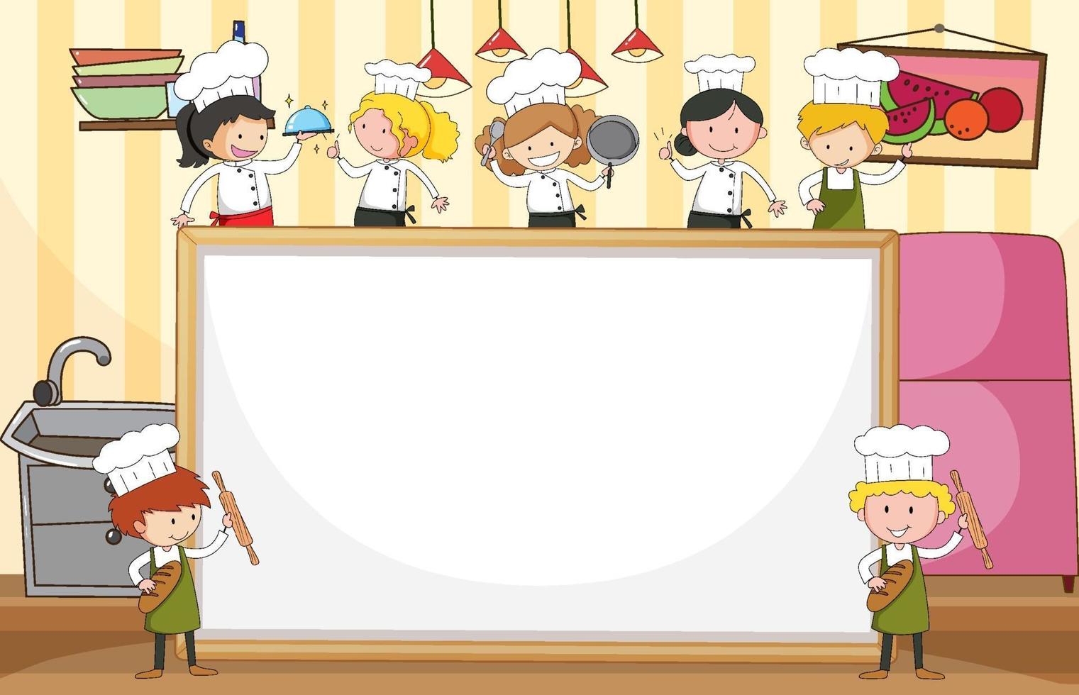 Banner en blanco con muchos pequeños chefs en la cocina. vector