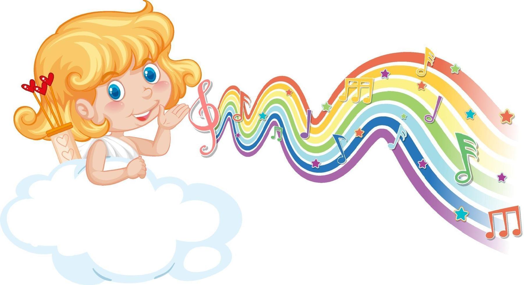 Cupido niña con símbolos de melodía en la onda del arco iris vector