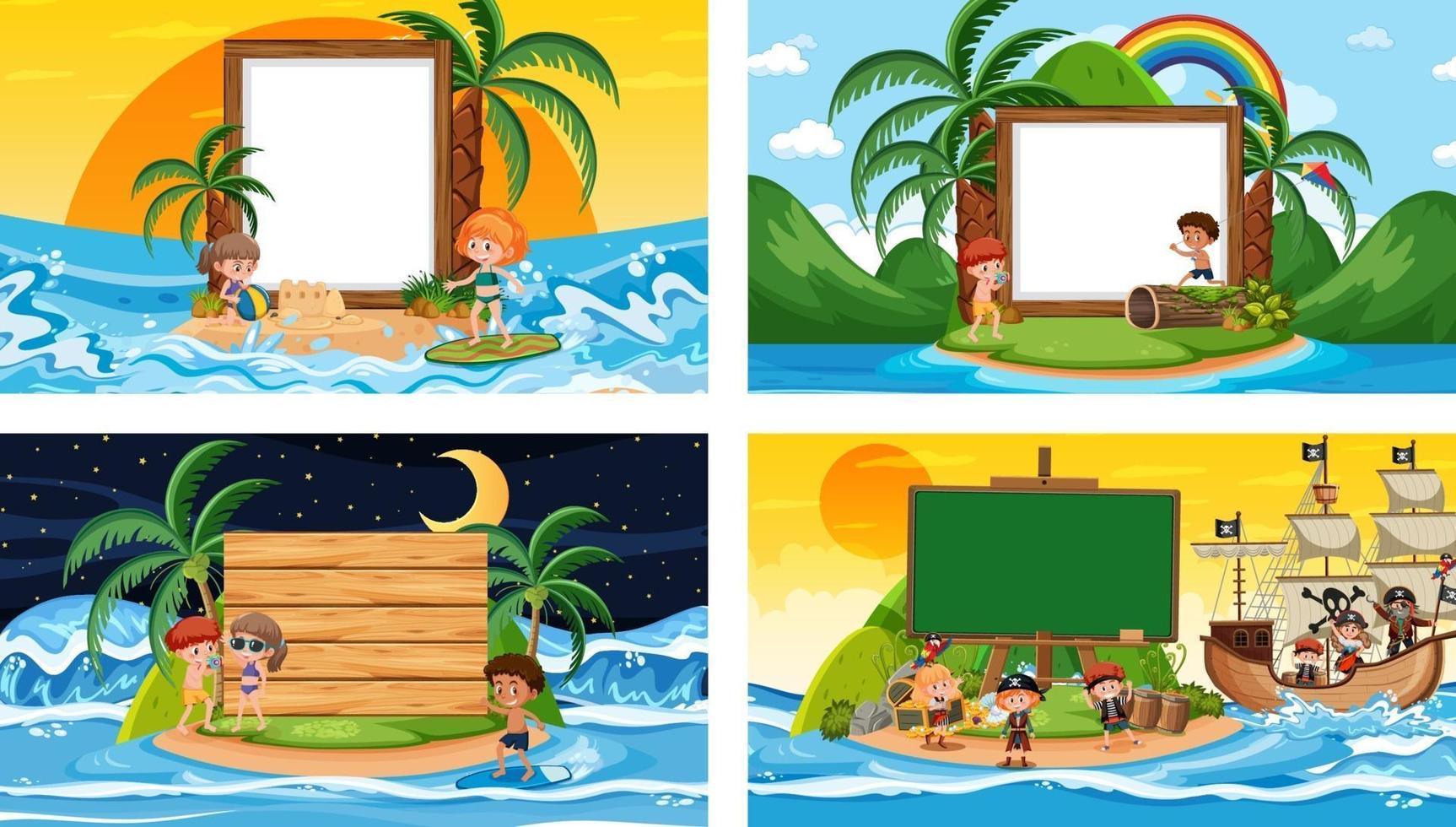 conjunto de diferentes escenas de playa tropical con banner en blanco vector