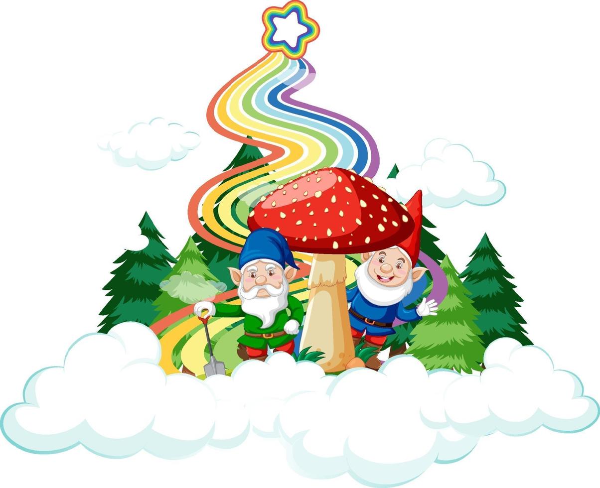 Mushroom house on the cloud with rainbow vector