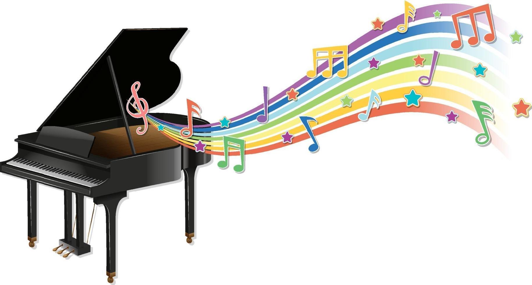 Piano with melody symbols on rainbow wave vector