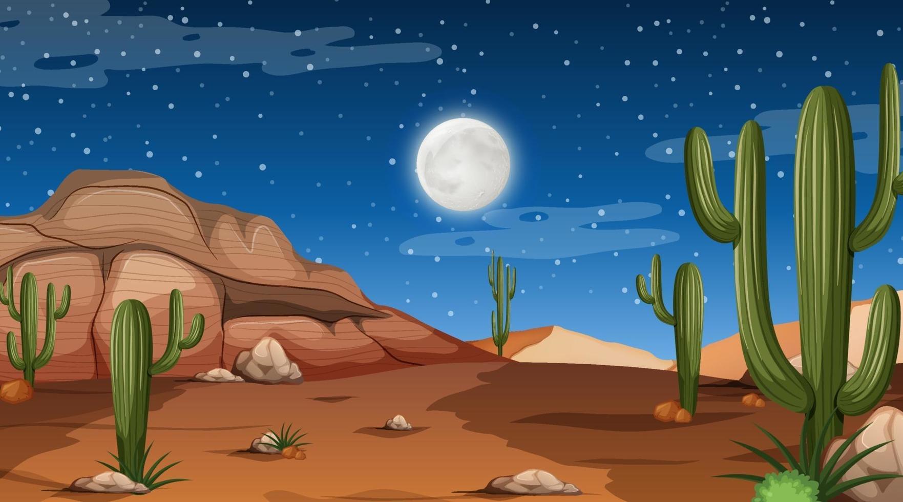 Desert forest landscape at night scene with many cactus vector